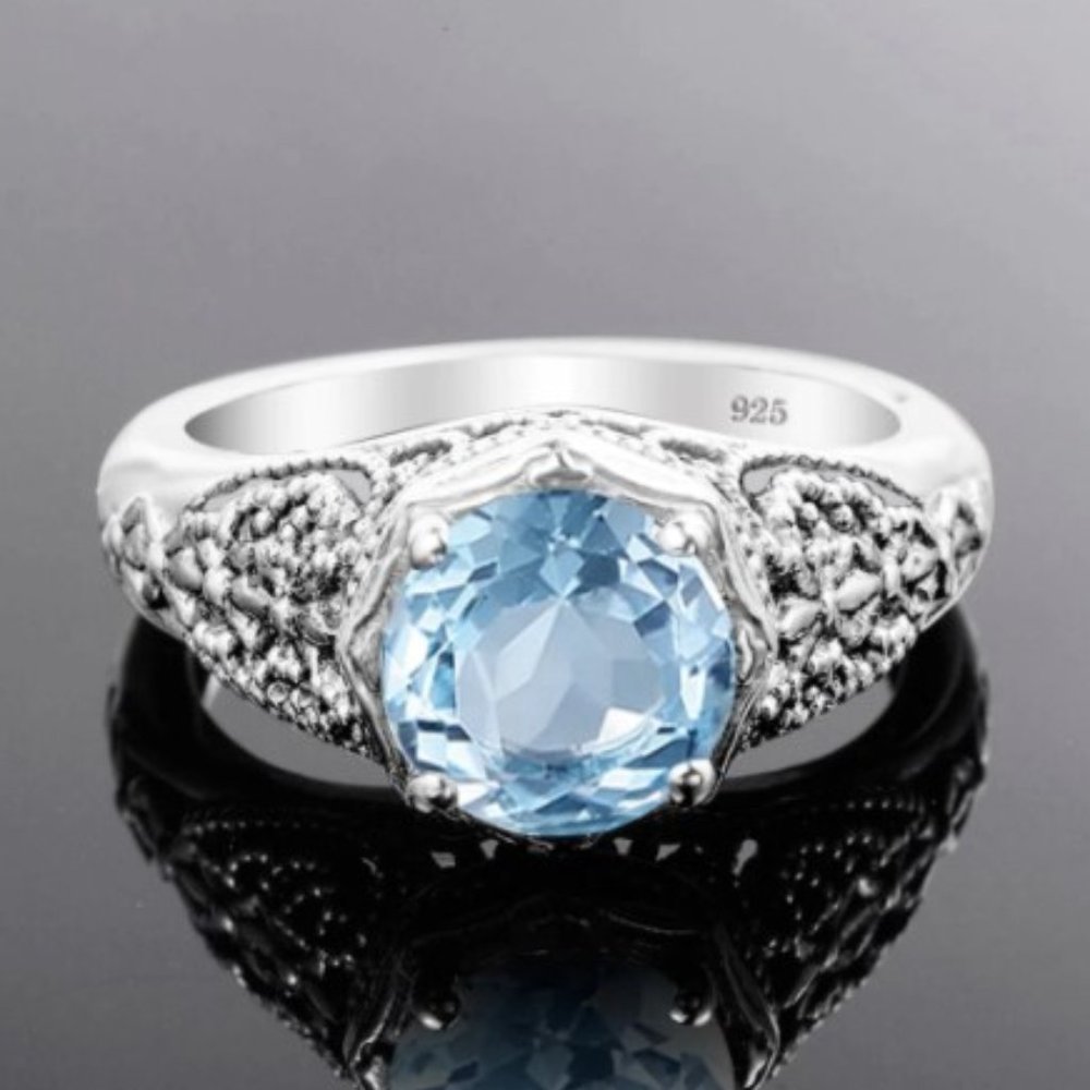 Women's 925 Silver Round Cut Aquamarine Ring